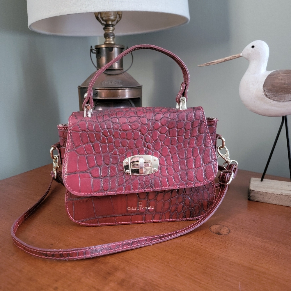Chiara Ferretti Burgundy Croc Embossed Leather Mini Top Handle Bag